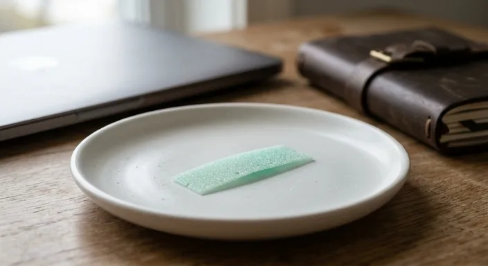 A close-up of a thin, translucent caffeine strip on a white dish with a blurred office and travel-themed background.