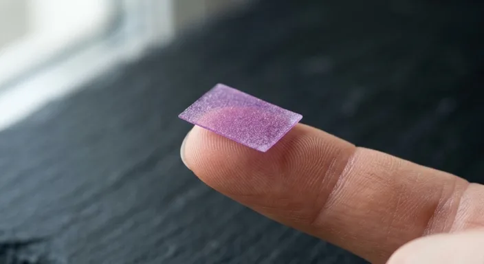 A close-up macro shot of a thin purple dissolvable energy strip resting on a fingertip against a dark background.